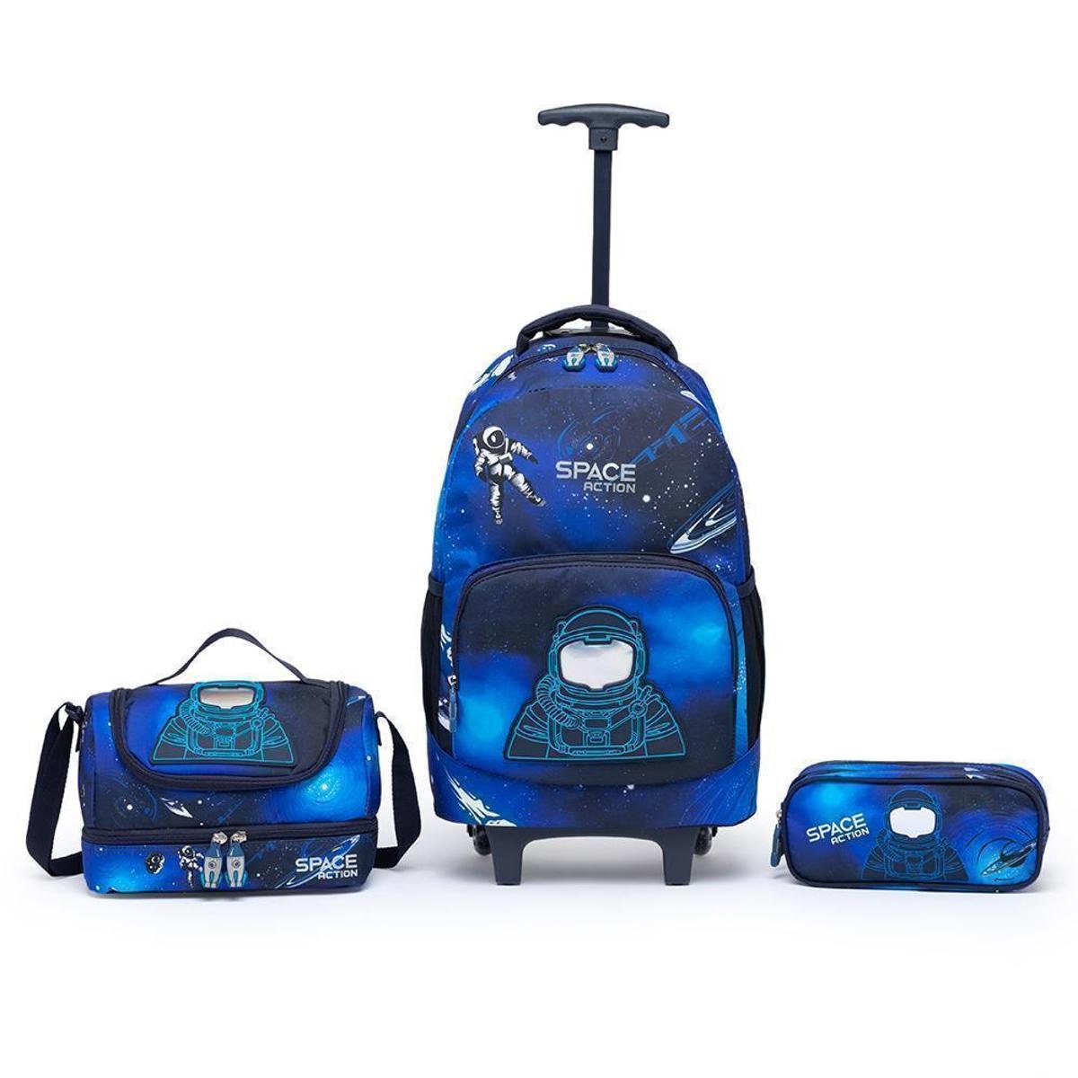 Kit Mochila Rodinha Lancheira Estojo 36 Litros Escolar Infantil Astronauta Menino Guelph é boa?