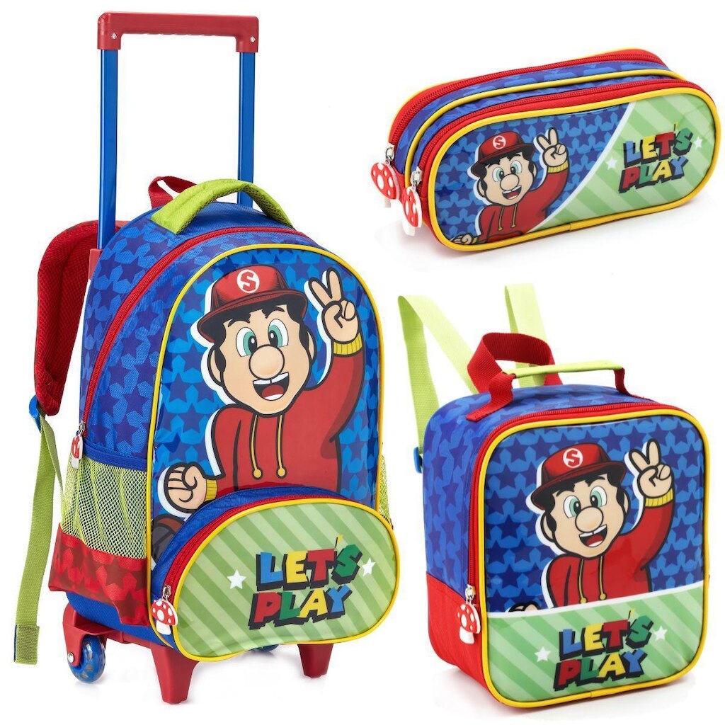 Kit Mochila Rodinha Lancheira Estojo Duplo Infantil Escolar Menino Mario Bros Lets Play Denlex