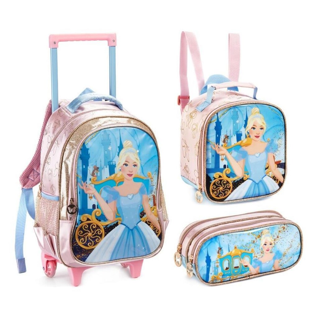 Kit Mochila Rodinha Lancheira Estojo Infantil Escolar Menina Princesa Cinderela Rosa Denlex