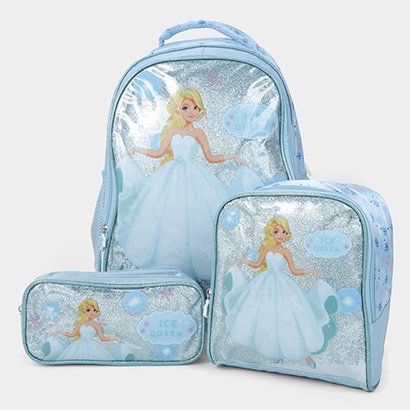 Kit Mochila Rodinha + Lancheira + Estojo Isiway Ice Queen - Unissex