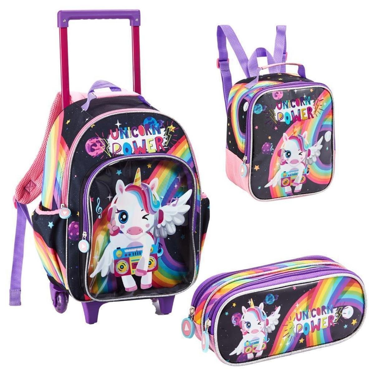 Kit Mochila Rodinha Lancheira Térmica Estojo Duplo Infantil Escolar Unicornio Poney Power Menina Menor preço em Kit Mochila Rodinha Lancheira Térmica Estojo Duplo Infantil Escolar Unicornio Poney Power Menina