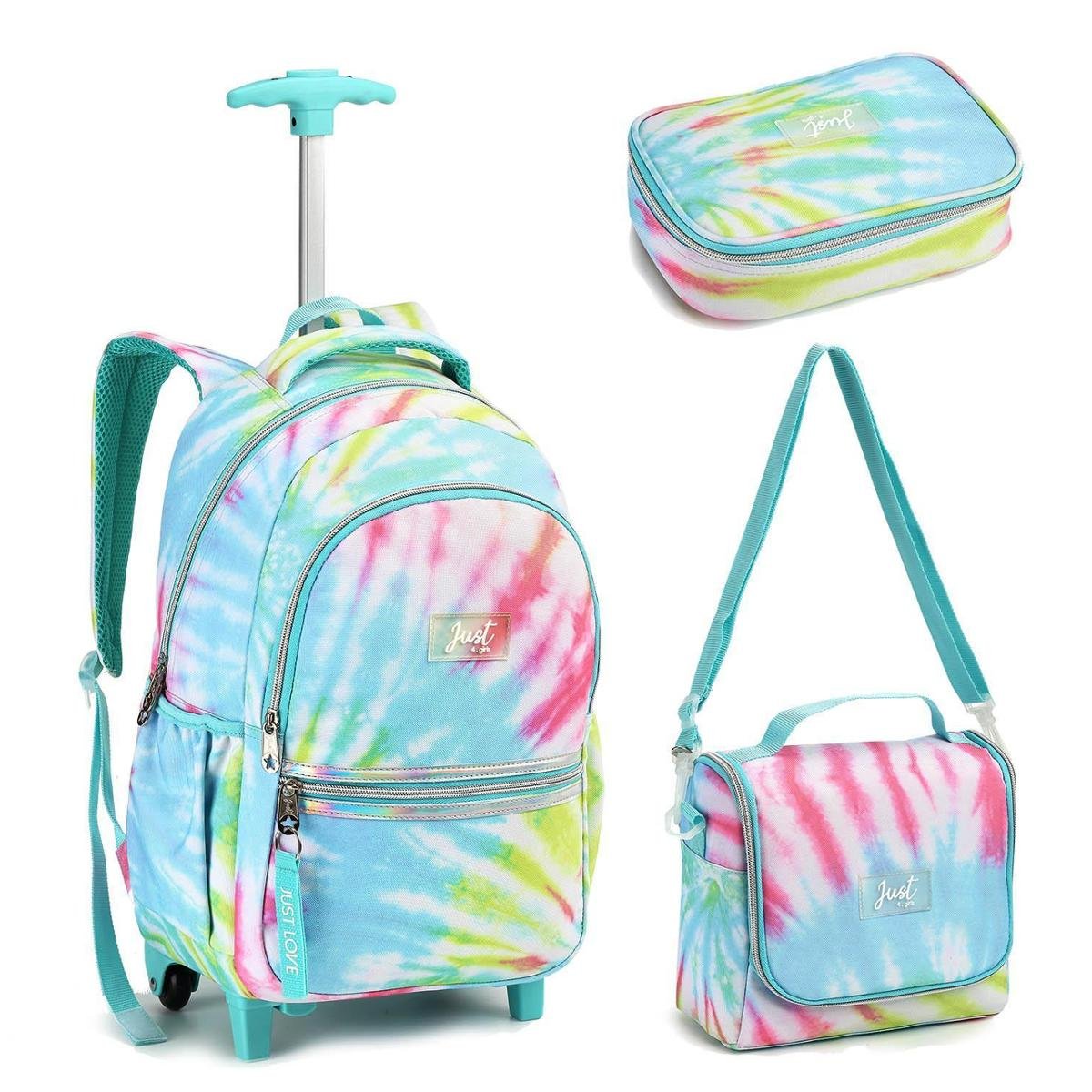 Kit Mochila Rodinhas Feminina Juvenil Adulto Cor Dye tie - Azul Claro Menor preço em Kit Mochila Rodinhas Feminina Juvenil Adulto Cor Dye tie - Azul Claro