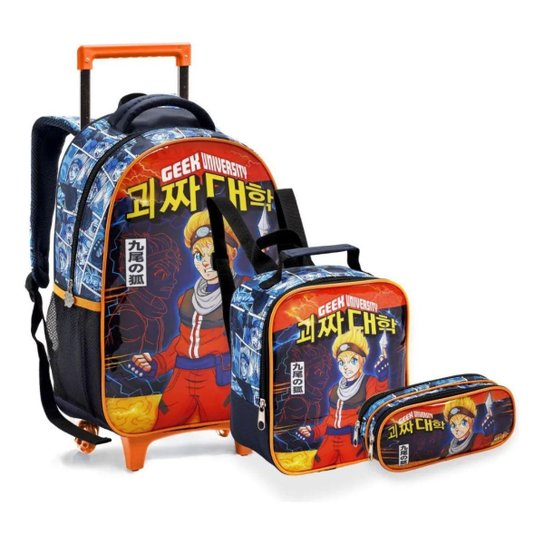 Kit Mochila Rodinhas Lancheira Estojo Duplo Naruto Uzumaki Geek Escolar Infantil Seanite