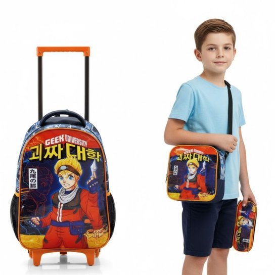 Kit Mochila Rodinhas Lancheira Estojo Duplo Naruto Uzumaki Geek Escolar Infantil Seanite