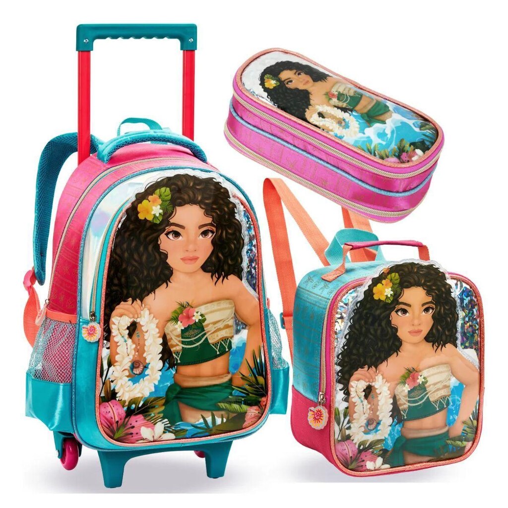 Kit Mochila Rodinhas Lancheira Estojo Princesa Moana Infantil Escolar Denlex