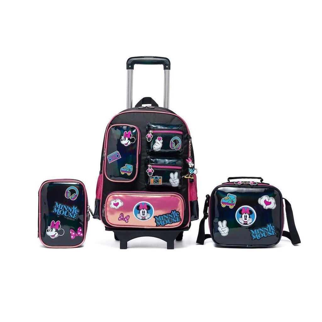 Kit Mochila Rodinhas Minnie Disney Lancheira Estojo Infantil Feminino