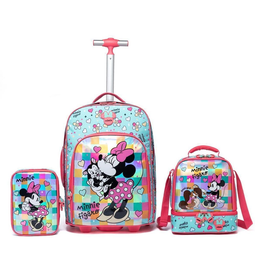 Kit Mochila Rodinhas Minnie Mouse Disney Infantil Lancheira Estojo Feminina