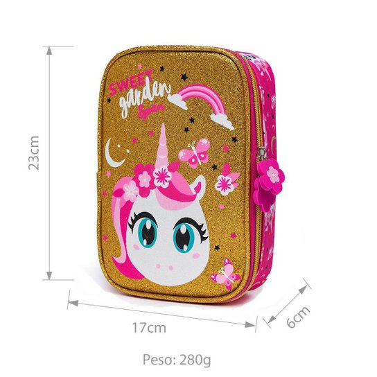 Kit Mochila Unicórnio Lancheira Estojo Infantil Escolar Reforçada Menina Espaçosa