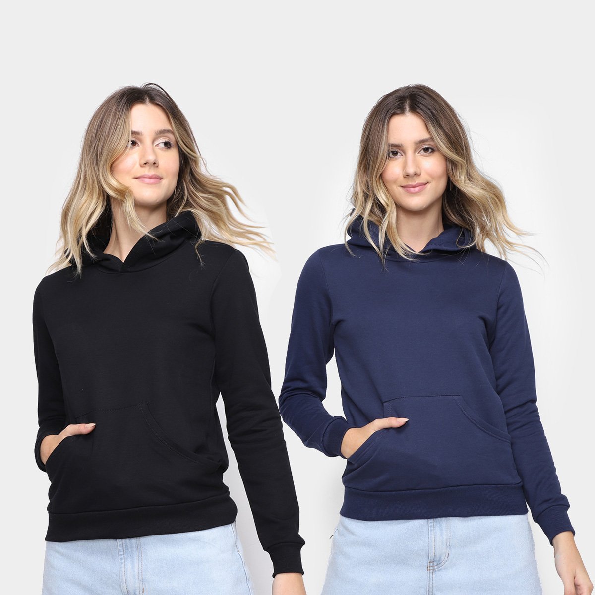 Kit Moletom Basicamente Com Capuz Feminino 2 Peças - Preto+Marinho Menor preço em Kit Moletom Basicamente Com Capuz Feminino 2 Peças - Preto+Marinho