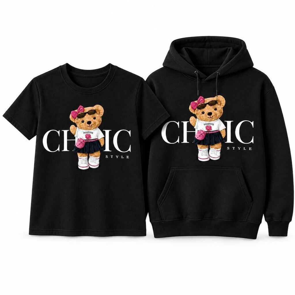 Kit Moletom Canguru e Camiseta Feminina Estampa Ursinho Algodão Otima Qualidade Dia a Dia