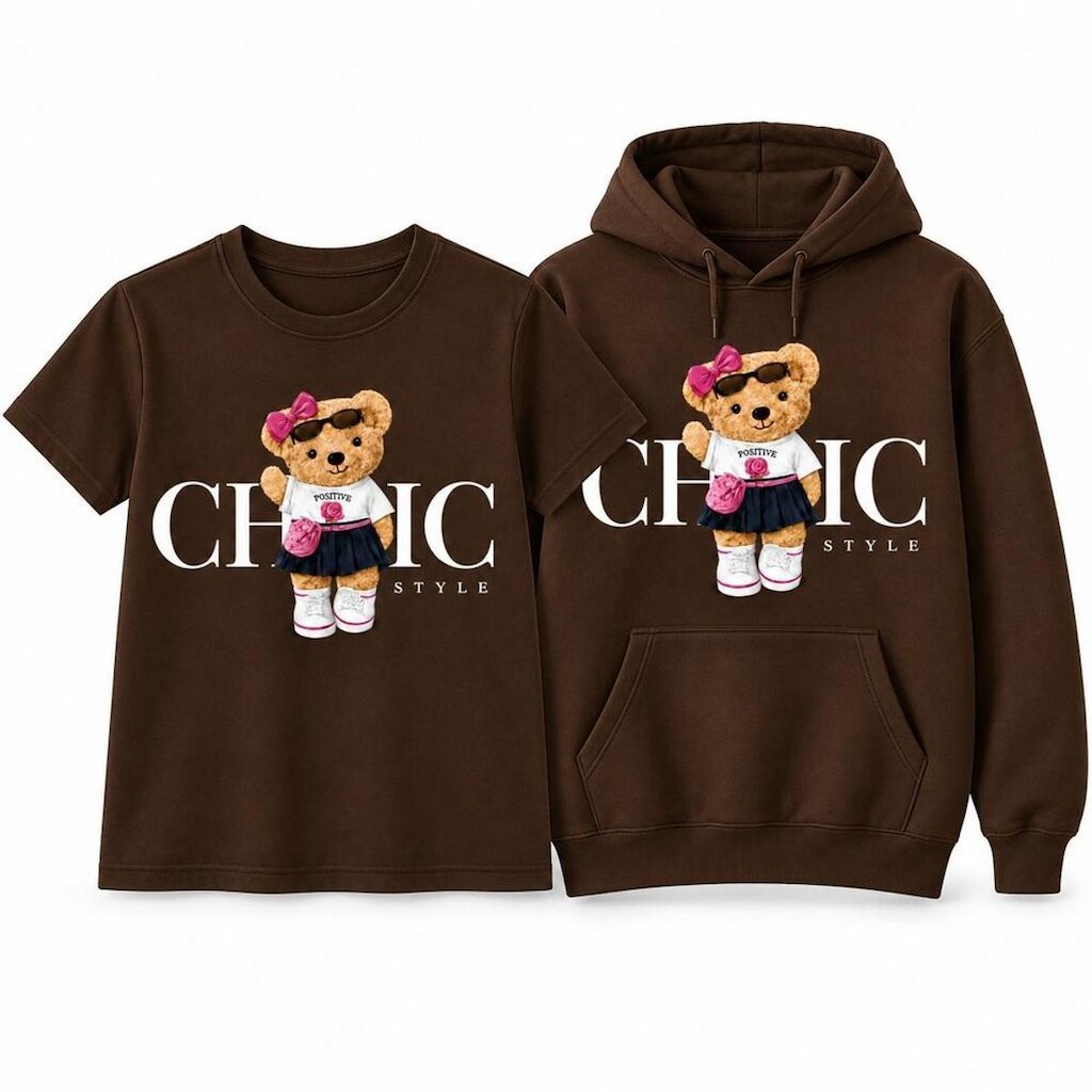 Kit Moletom Canguru e Camiseta Feminina Estampa Ursinho Algodão Otima Qualidade Dia a Dia