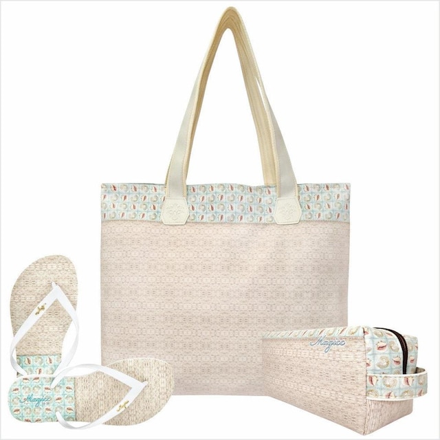 Kit Praia Feminino Conchas Bolsa, Necessaire e Chinelo, Magicc