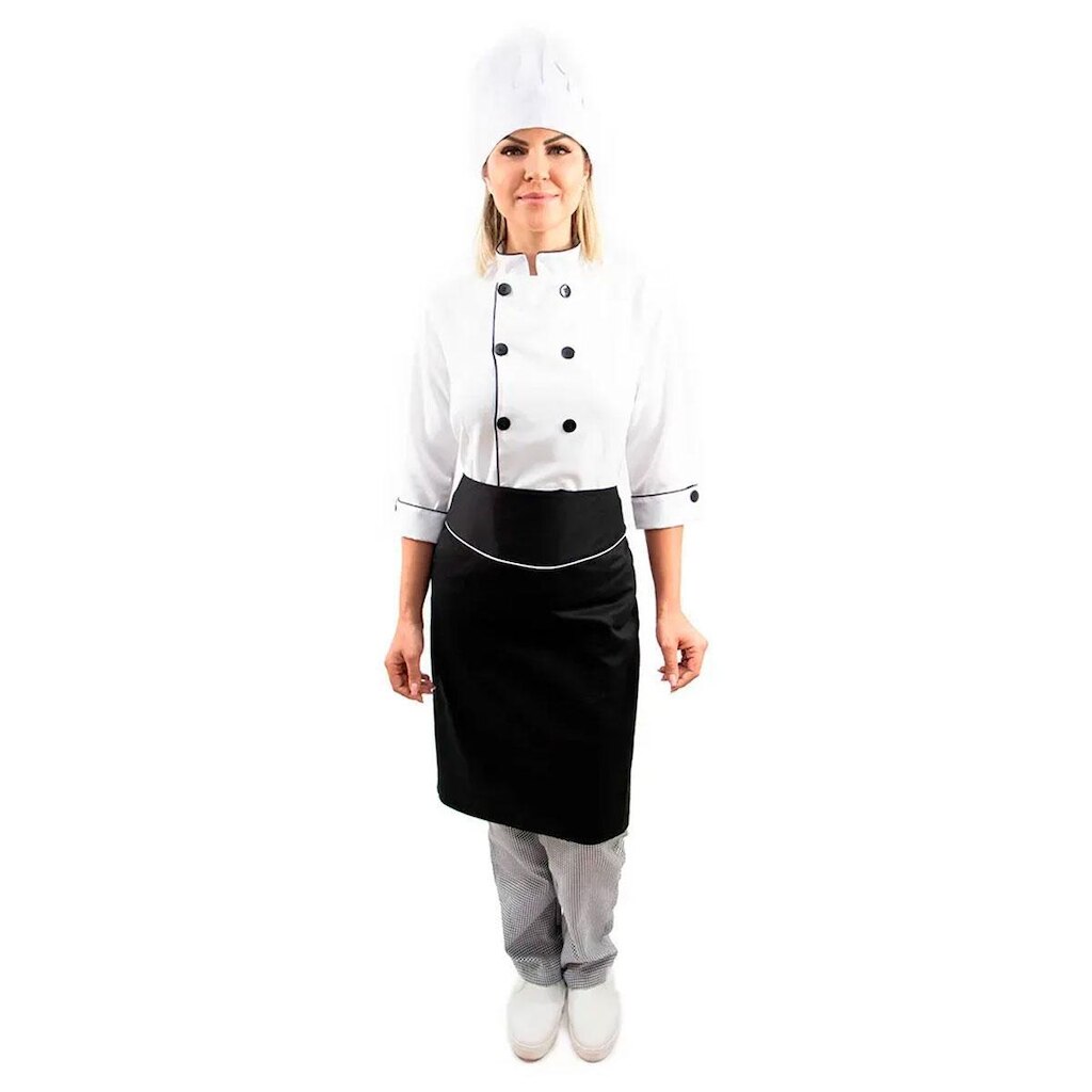 Kit Profissional Feminino: 1 Camisete Acinturada + 1 Gorro Branco + 1 Bata de Atendimento