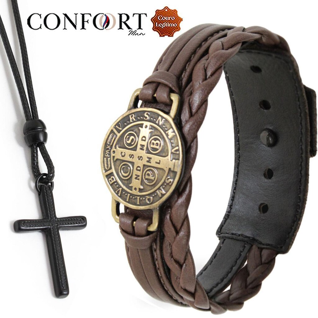 Kit Pulseira de Couro Preto e Marrom Bento e Colar Ajustável Ouro Velho