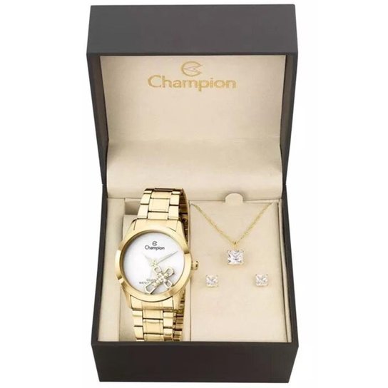 Kit Relógio Champion Elegance com Colar+Brincos Feminino - Dourado