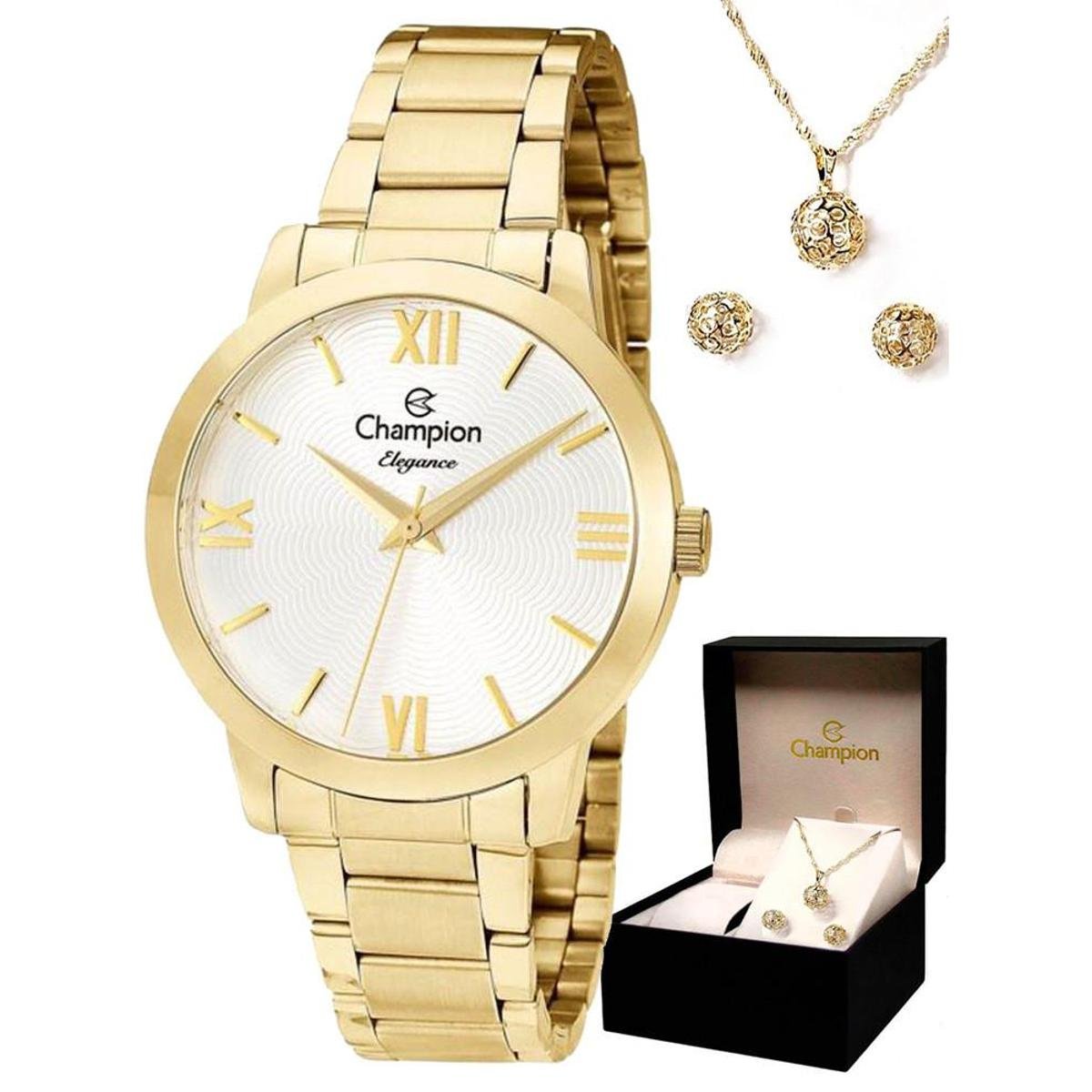 Kit Relógio Champion Elegance Dourado + Semi Joias Feminino - Dourado Menor preço em Kit Relógio Champion Elegance Dourado + Semi Joias Feminino - Dourado