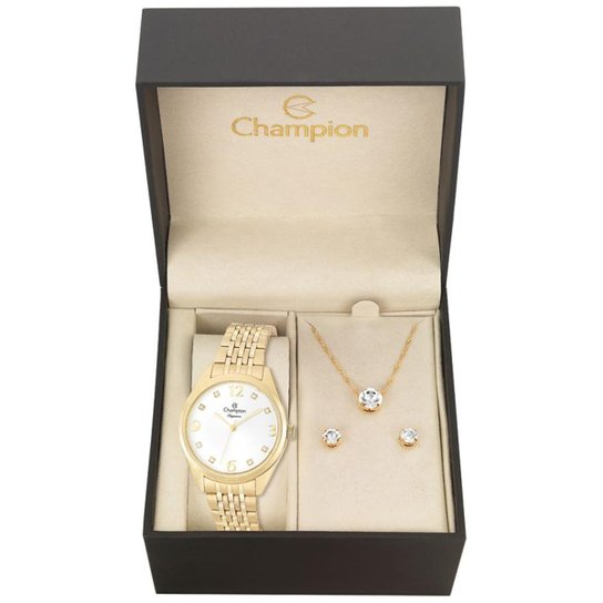 Kit Relógio Champion Elegance Feminino CN26251W com Colar e Brincos - Dourado