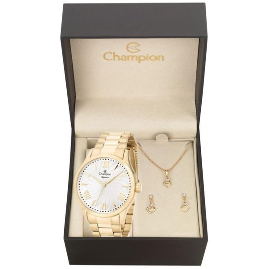 Kit Relógio Champion Elegance Feminino CN27796W com Colar e Brincos - Dourado