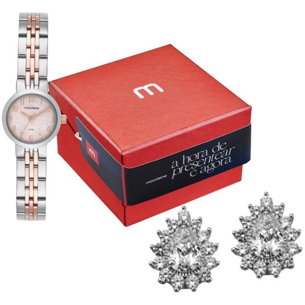 Kit Relógio Mondaine Feminino Prata com Brinco Cristais 99800LPMKGE2K1