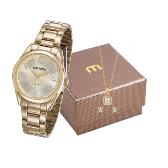 Kit Relógio Mondaine Lpmvde1K1 + Colar E Brincos Feminino - Dourado