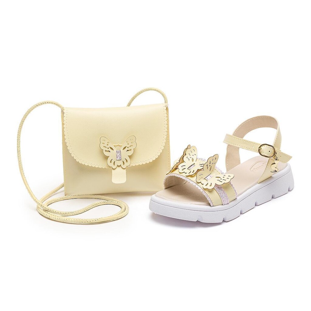 Kit Sandália Esportiva Com Bolsa Estilosa Infantil Menina Antiderrapante Borboleta Amarelo Mz Shoes