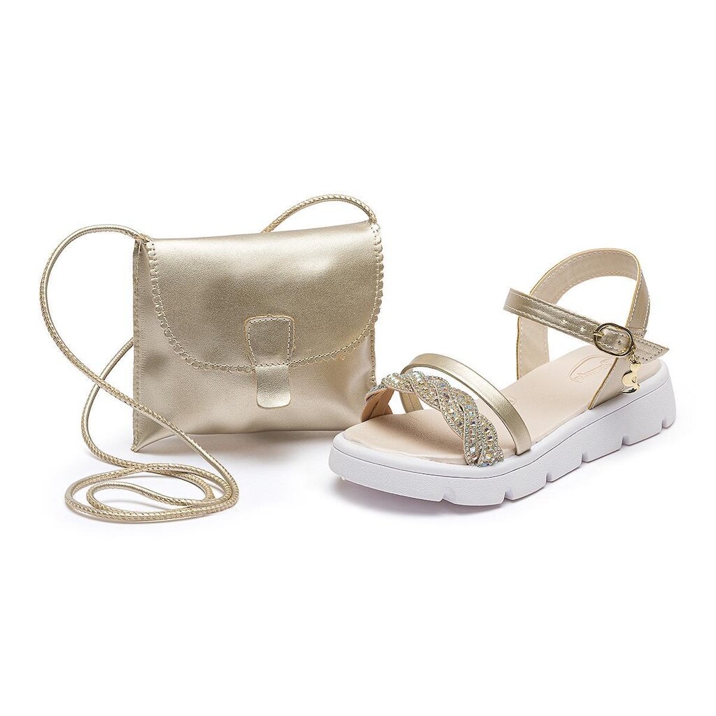 Kit Sandália Esportiva Com Bolsa Estilosa Infantil Menina Antiderrapante Brilho Dourado Mz Shoes