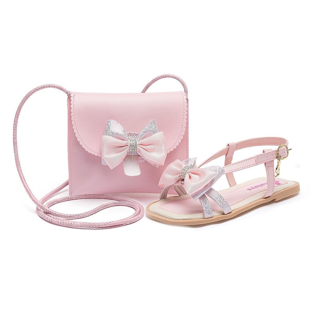 Kit Sandália Esportiva Menina Infantil Casual Com Bolsinha Laço Rosa Brilho Mzkid