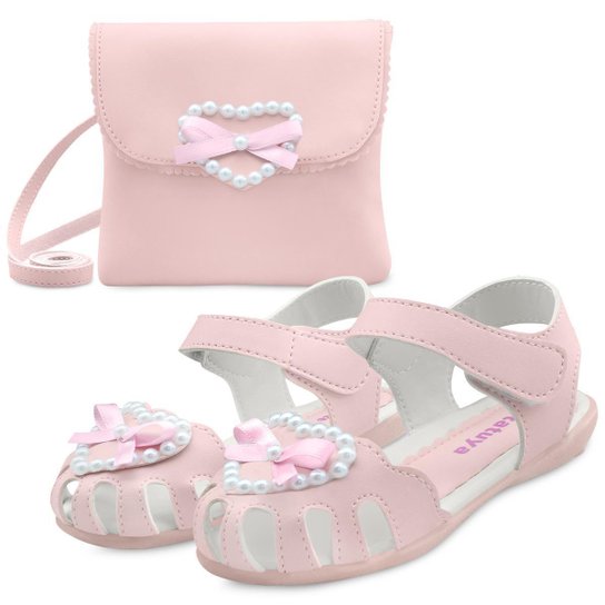 Kit Sandália Feminina Infantil Menina Coração Com Bolsa Pérolas Mzkid