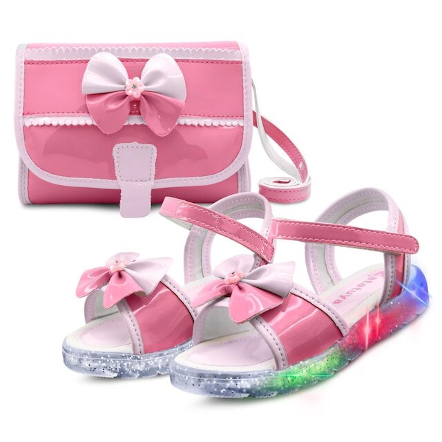 Kit Sandália Infantil Luzinha Menina Sola Led Com Bolsinha Gatatuya