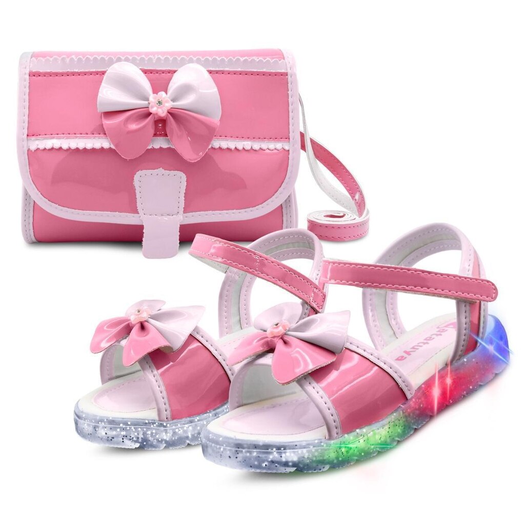 Kit Sandália Infantil Luzinha Menina Sola Led Com Bolsinha Gatatuya