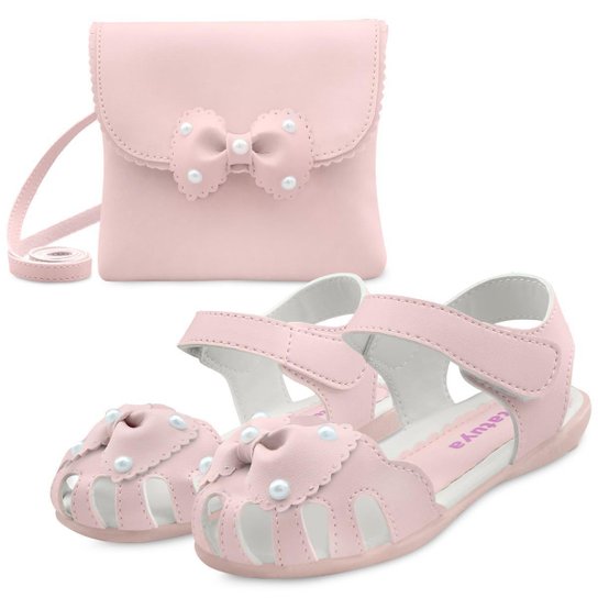 Kit Sandália Menina Infantil Feminina Com Bolsa Laço Pérolas Mzkid