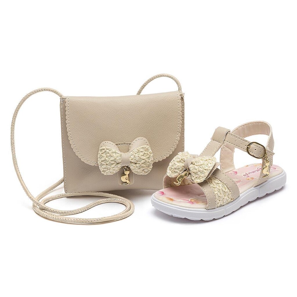 Kit Sandália Rasteirinha Bolsa Infantil Menina Bege Laço Casual Festa Gatatuya