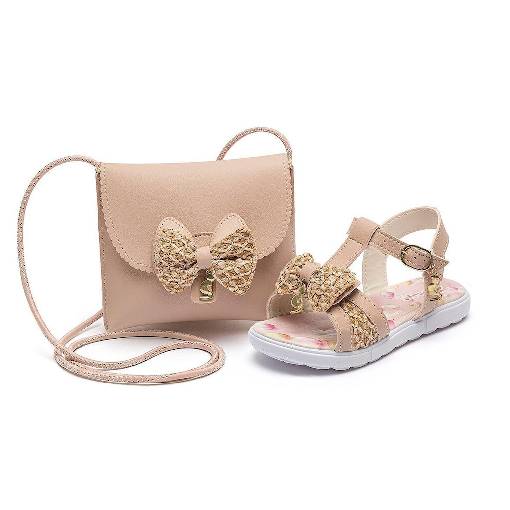 Kit Sandália Rasteirinha Bolsa Infantil Menina Nude Laço Casual Festa Gatatuya