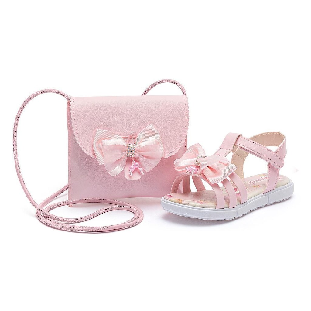 Kit Sandália Rasteirinha Esportiva Bolsa Infantil Menina Rosa Laço Brilho Festa Mzkid