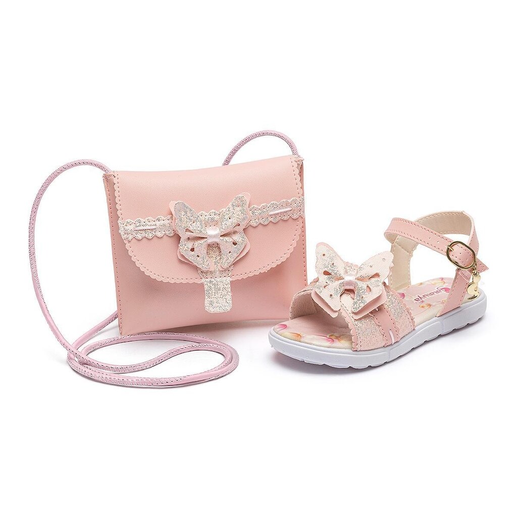 Kit Sandália Rasteirinha Esportiva Infantil Menina Borboleta Rosa Bolsa Elegante Mz Shoes