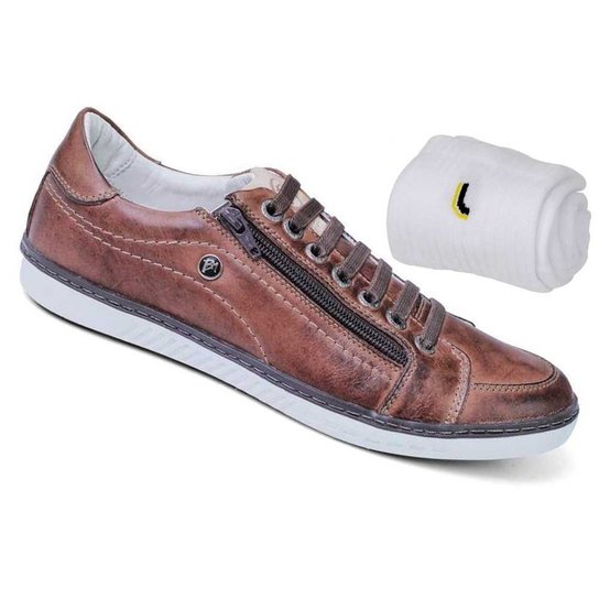 Kit Sapatênis Couro BMBrasil + Meia Lupo Masculino - Marrom