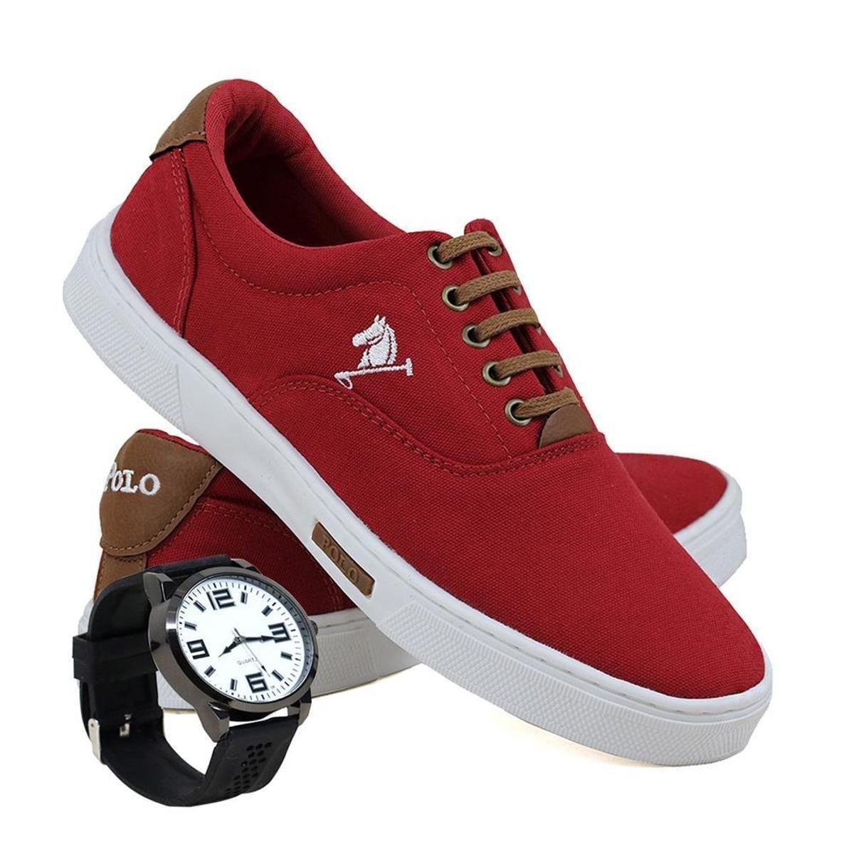 Kit Sapatênis Masculino Polo Joy Sport + Relógio - Vermelho Menor preço em Kit Sapatênis Masculino Polo Joy Sport + Relógio - Vermelho