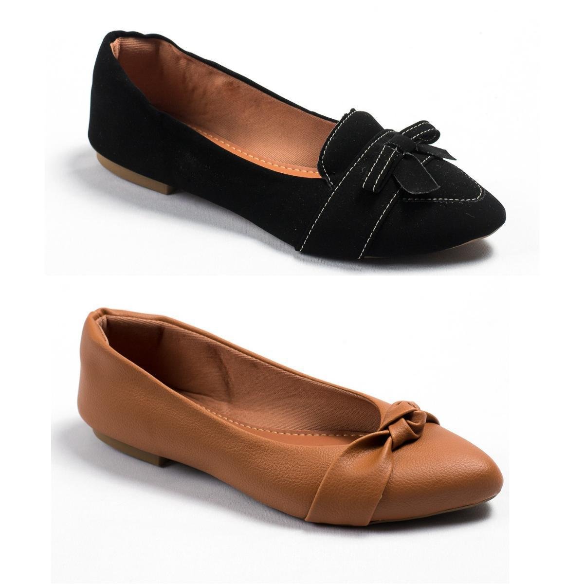 Kit Sapatilha 2 Par Confortável Linda Moda Bico Fino Casual - Preto+Caramelo Menor preço em Kit Sapatilha 2 Par Confortável Linda Moda Bico Fino Casual - Preto+Caramelo