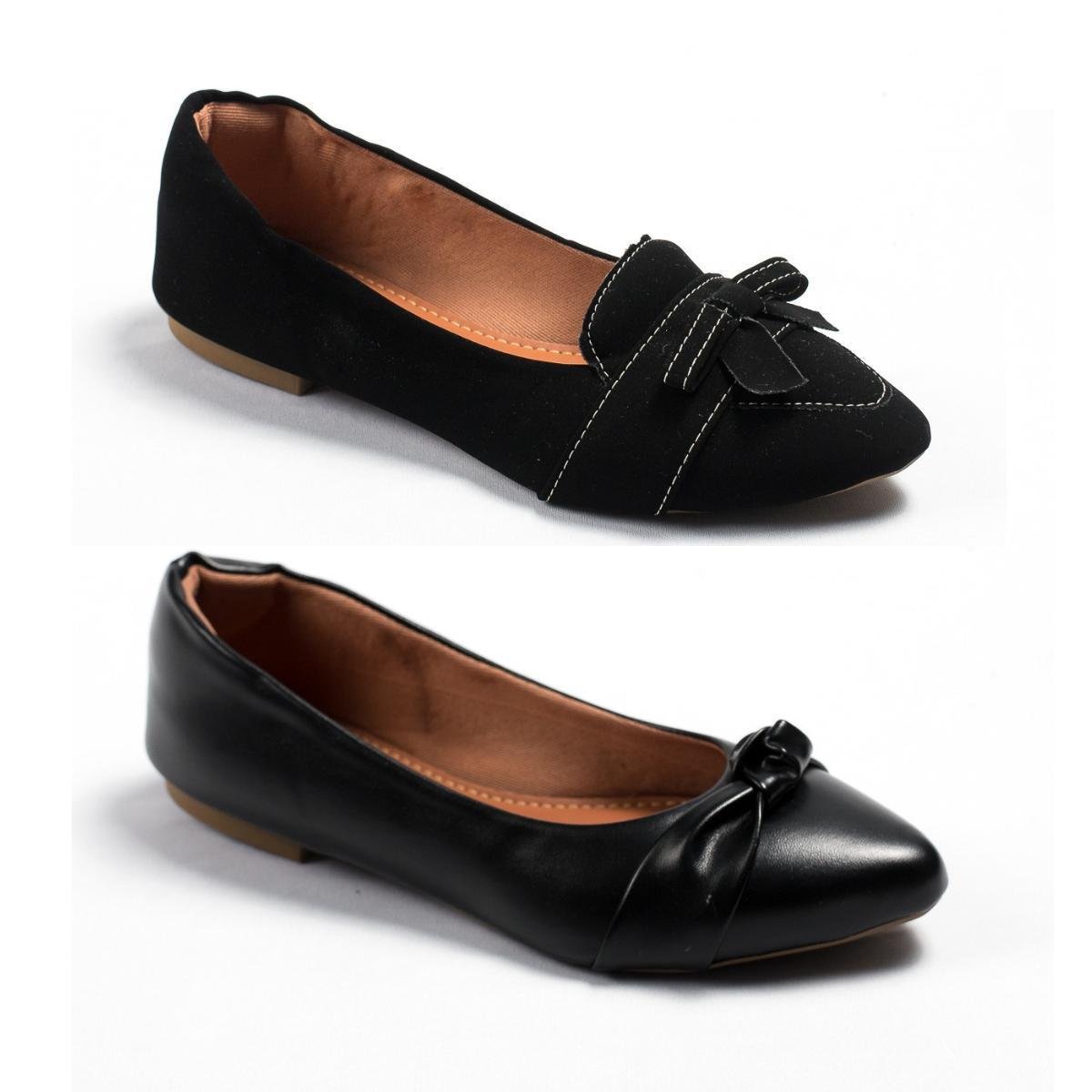 Kit Sapatilha 2 Par Confortável Linda Moda Bico Fino Casual - Preto Fosco+Preto Menor preço em Kit Sapatilha 2 Par Confortável Linda Moda Bico Fino Casual - Preto Fosco+Preto