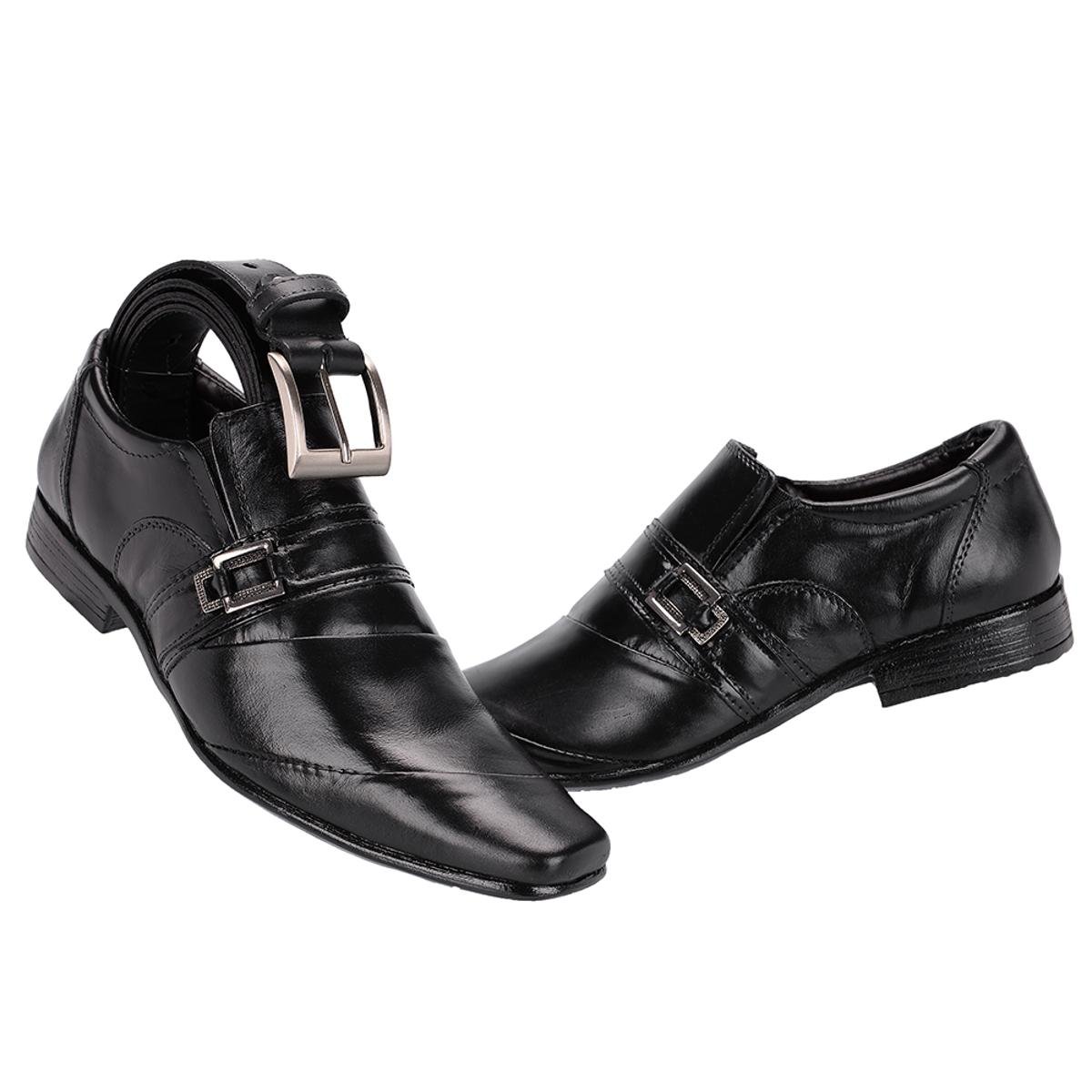 Kit Sapato Social c/ Cinto Couro Leoppé Masculino - Preto Menor preço em Kit Sapato Social c/ Cinto Couro Leoppé Masculino - Preto