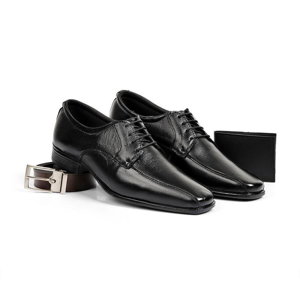 Kit Sapato Social + Carteira + Cinto Masculino Couro Moderno - Preto Menor preço em Kit Sapato Social + Carteira + Cinto Masculino Couro Moderno - Preto