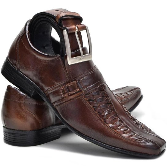 Kit Sapato Social + Cinto Leoppe Masculino - Marrom