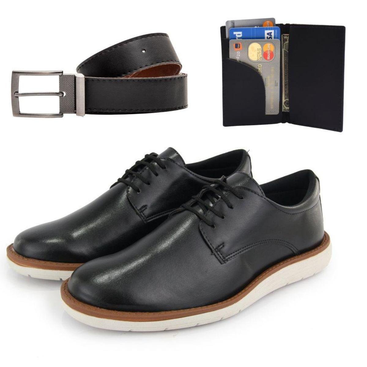 Kit Sapato Social Fino Masculino Linha Conforto Sintético 1721 com Cinto e Carteira Sintético - Preto Menor preço em Kit Sapato Social Fino Masculino Linha Conforto Sintético 1721 com Cinto e Carteira Sintético - Preto