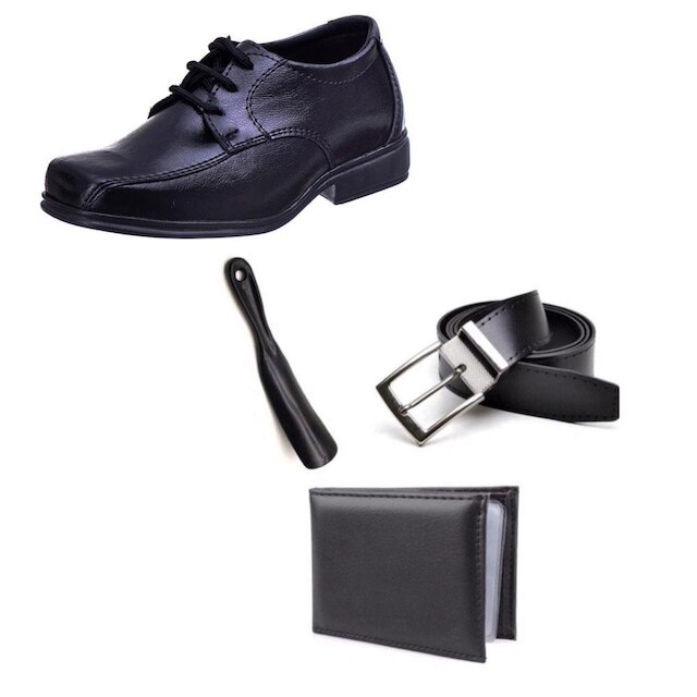 Kit Sapato Social Infantil Menino Solado PVC Cadarço Com Carteira Cinto e Calçadeira