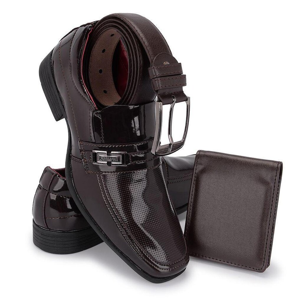 Kit Sapato Social Masculino Cinto E Carteira Textura Verniz 810