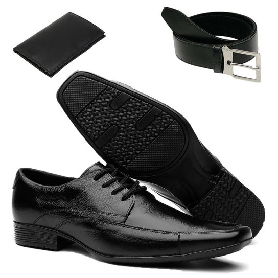 Kit Sapato Social Masculino Couro + Cinto Verniz Fosco - Preto