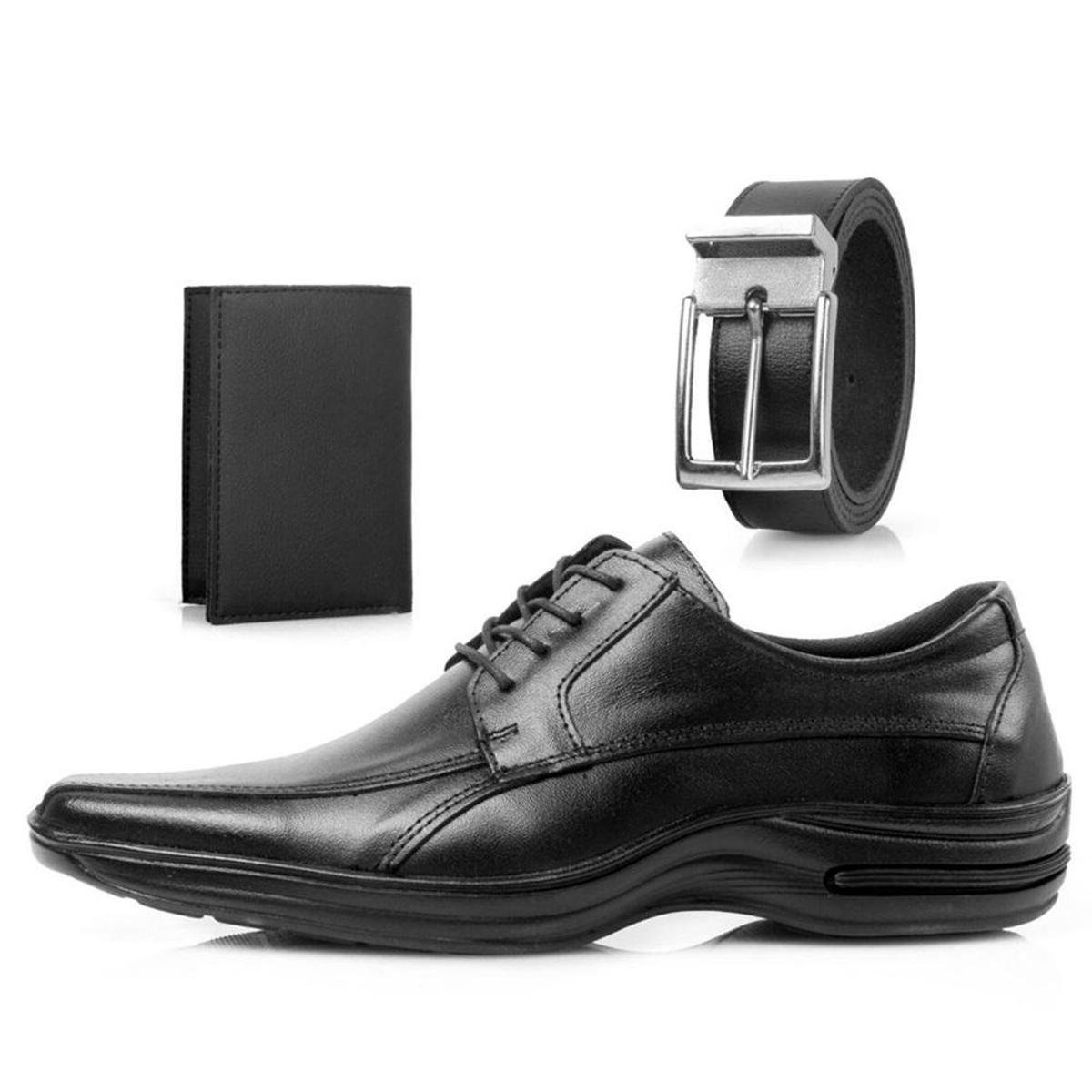 Kit Sapato Social Masculino Couro Linha Conforto Ajuste Cadarço Com Carteira e Cinto Tradicional - Preto Menor preço em Kit Sapato Social Masculino Couro Linha Conforto Ajuste Cadarço Com Carteira e Cinto Tradicional - Preto