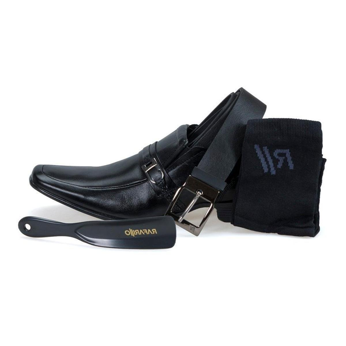Kit Sapato Social Rafarillo Masculino Couro Liso Cinto Meia e Calçadeira - Preto Menor preço em Kit Sapato Social Rafarillo Masculino Couro Liso Cinto Meia e Calçadeira - Preto
