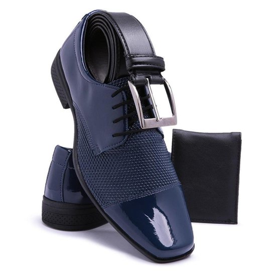 Kit Sapato Social Verniz Cinto Carteira Textura Schiareli Masculino - Azul