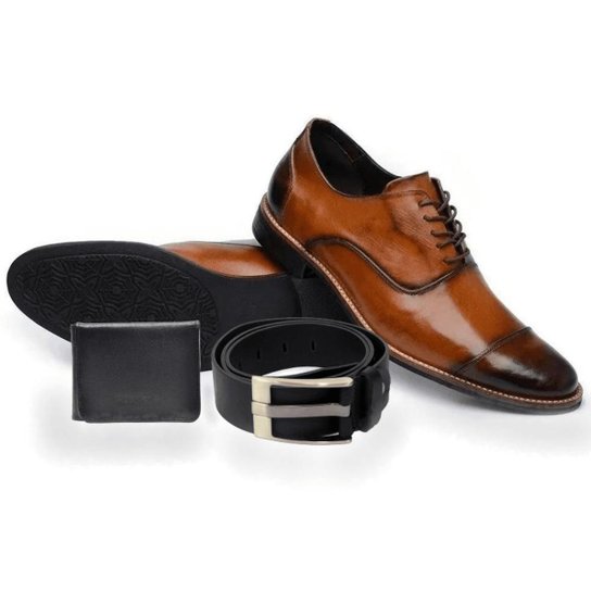 Kit Sapato Social York Cinto E Carteira Couro Silva&Silva Masculino - Caramelo